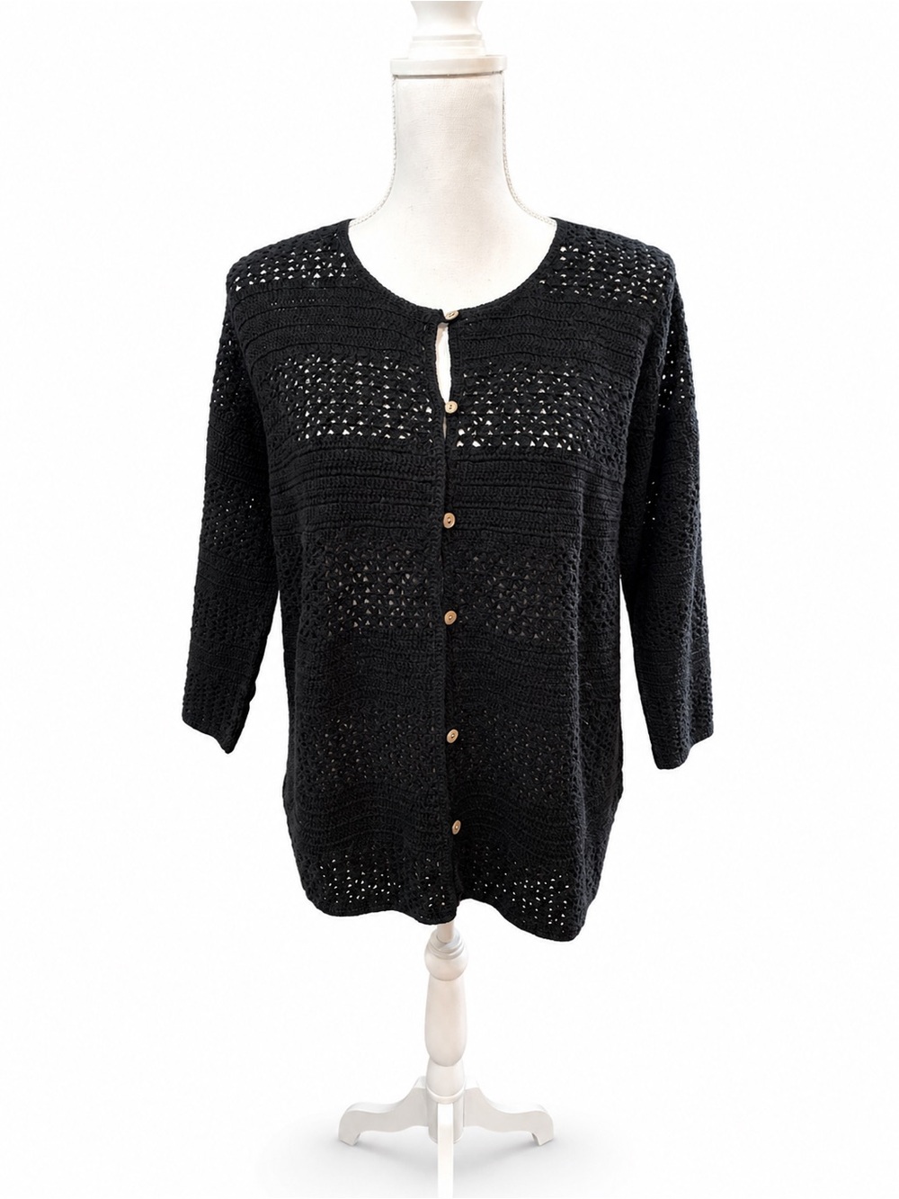 Eddie Bauer Hand Crocheted Linen Cotton Cardigan Black XLP Boho Cottagecore